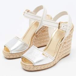 Pre Owned Prada Silver/White Leather Ankle Strap Platform Wedge Sandals Size 36