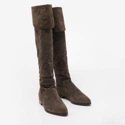 Pre Owned Prada Dark Brown Suede Fold Over Knee Length Boots Size 37