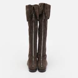 Pre Owned Prada Dark Brown Suede Fold Over Knee Length Boots Size 37