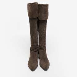 Pre Owned Prada Dark Brown Suede Fold Over Knee Length Boots Size 37