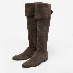 Pre Owned Prada Dark Brown Suede Fold Over Knee Length Boots Size 37