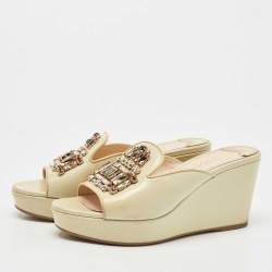 Prada Beige Saffiano Patent Leather Crystal Embellished Platform Wedge Sandals Size 36.5