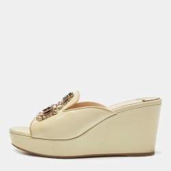 Prada Beige Saffiano Patent Leather Crystal Embellished Platform Wedge Sandals Size 36.5