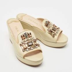 Prada Beige Saffiano Patent Leather Crystal Embellished Platform Wedge Sandals Size 36.5