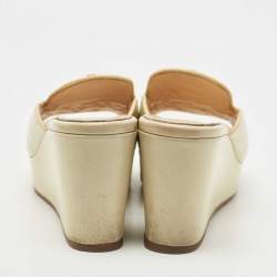 Prada Beige Saffiano Patent Leather Crystal Embellished Platform Wedge Sandals Size 36.5