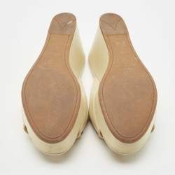 Prada Beige Saffiano Patent Leather Crystal Embellished Platform Wedge Sandals Size 36.5