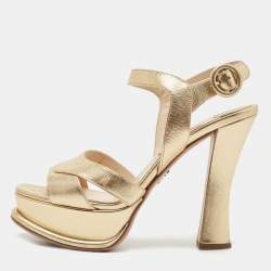 Prada Metallic Gold Leather Ankle Strap Sandals Size 36.5