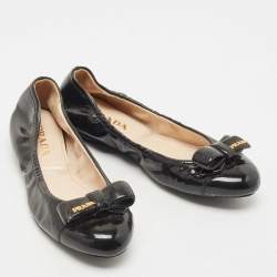 Pre Owned Prada Black Patent Leather Bow Detail Ballet Flats Size 36.5