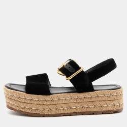 Pre Owned Prada Black Velvet Espadrille Wedge Ankle Strap Sandals Size 36