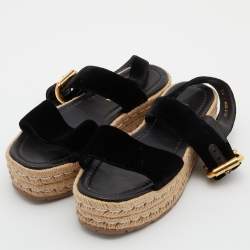 Pre Owned Prada Black Velvet Espadrille Wedge Ankle Strap Sandals Size 36