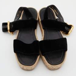 Pre Owned Prada Black Velvet Espadrille Wedge Ankle Strap Sandals Size 36