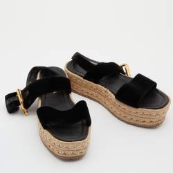 Pre Owned Prada Black Velvet Espadrille Wedge Ankle Strap Sandals Size 36