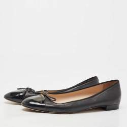 Pre Owned Prada Black Leather and Patent Cap Toe Bow Ballet Flats Size 42