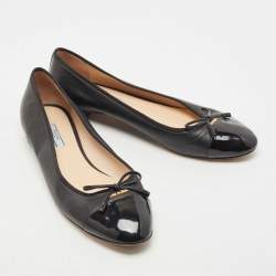 Pre Owned Prada Black Leather and Patent Cap Toe Bow Ballet Flats Size 42