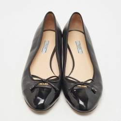 Pre Owned Prada Black Leather and Patent Cap Toe Bow Ballet Flats Size 42