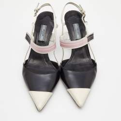 Pre Owned Prada Black/White Leather and Rubber Mary Jane Slingback Pumps Size 39.5