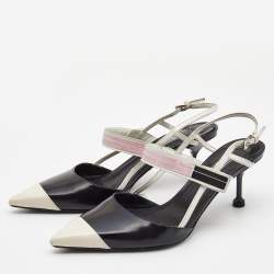 Pre Owned Prada Black/White Leather and Rubber Mary Jane Slingback Pumps Size 39.5