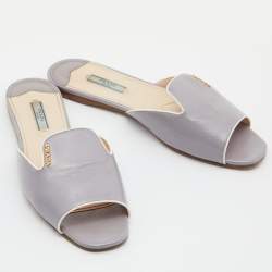Prada Grey Saffiano Patent Leather Flat Slides Size 39.5