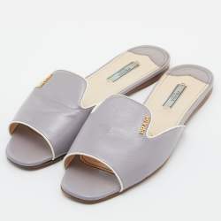 Prada Grey Saffiano Patent Leather Flat Slides Size 39.5