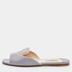 Prada Grey Saffiano Patent Leather Flat Slides Size 39.5
