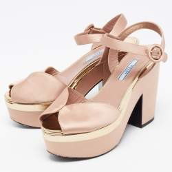 Pre Owned Prada Pink Satin Peep Toe Platform Ankle Strap Sandals Size 38