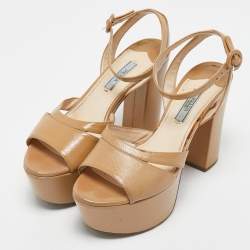 Prada Beige Saffiano Vernice Leather Platform Ankle Strap Sandals Size 37.5