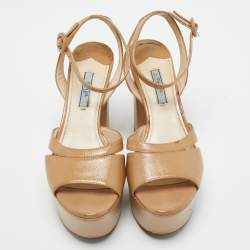 Prada Beige Saffiano Vernice Leather Platform Ankle Strap Sandals Size 37.5