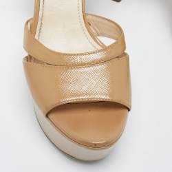 Prada Beige Saffiano Vernice Leather Platform Ankle Strap Sandals Size 37.5