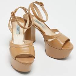 Prada Beige Saffiano Vernice Leather Platform Ankle Strap Sandals Size 37.5