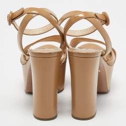 Prada Beige Saffiano Vernice Leather Platform Ankle Strap Sandals Size 37.5