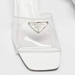 Prada Transparent/White PVC and Patent Leather Trim Triangle Logo Slide Sandals Size 38
