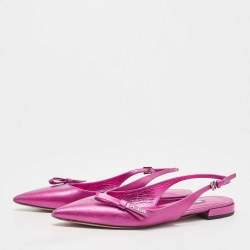 Pre Owned Prada Metallic Pink Leather Bow Pointed Toe Slingback Flats Size 37.5