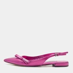 Pre Owned Prada Metallic Pink Leather Bow Pointed Toe Slingback Flats Size 37.5