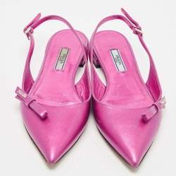 Pre Owned Prada Metallic Pink Leather Bow Pointed Toe Slingback Flats Size 37.5