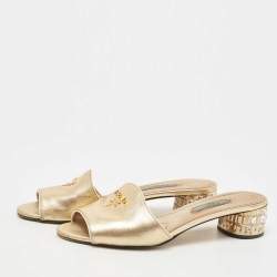 مملوكة مسبقًا Prada Gold Leather Crystal Embellished Heel Slide Sandals Size 37.5