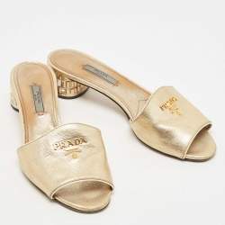 مملوكة مسبقًا Prada Gold Leather Crystal Embellished Heel Slide Sandals Size 37.5