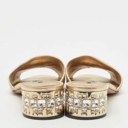 مملوكة مسبقًا Prada Gold Leather Crystal Embellished Heel Slide Sandals Size 37.5