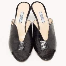 Prada Black Croc Embossed Leather Mules Size 39