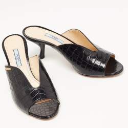 Prada Black Croc Embossed Leather Mules Size 39