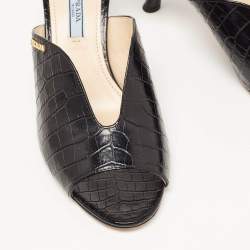 Prada Black Croc Embossed Leather Mules Size 39