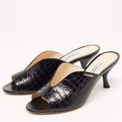 Prada Black Croc Embossed Leather Mules Size 39