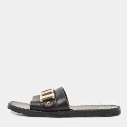 Prada Black Leather Logo Slide Flats Size 38     