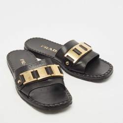 Prada Black Leather Logo Slide Flats Size 38     