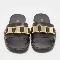 Prada Black Leather Logo Slide Flats Size 38     