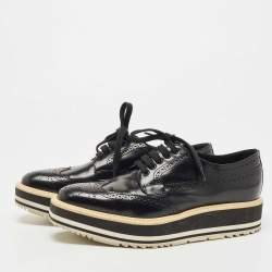 Prada Black Brogue Patent Leather Platform Derby Size 38