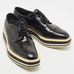 Prada Black Brogue Patent Leather Platform Derby Size 38