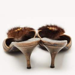 Pre Owned Prada Metallic Bronze Leather and Fur Crystal Embellished Mules Size 38.5