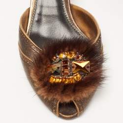 Pre Owned Prada Metallic Bronze Leather and Fur Crystal Embellished Mules Size 38.5