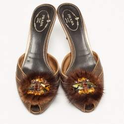Pre Owned Prada Metallic Bronze Leather and Fur Crystal Embellished Mules Size 38.5