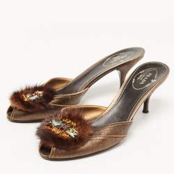 Pre Owned Prada Metallic Bronze Leather and Fur Crystal Embellished Mules Size 38.5